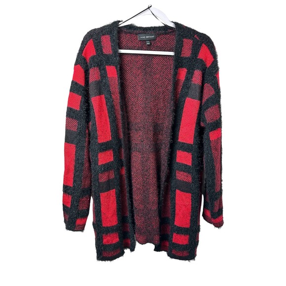 Lane Bryant Women's Open Front Black Red Plaid Eyelash Cardigan 14/16 - Picture 3 of 8
